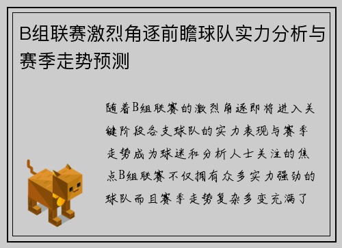 B组联赛激烈角逐前瞻球队实力分析与赛季走势预测