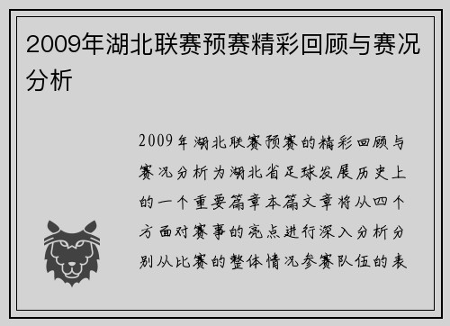 2009年湖北联赛预赛精彩回顾与赛况分析
