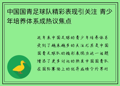 中国国青足球队精彩表现引关注 青少年培养体系成热议焦点