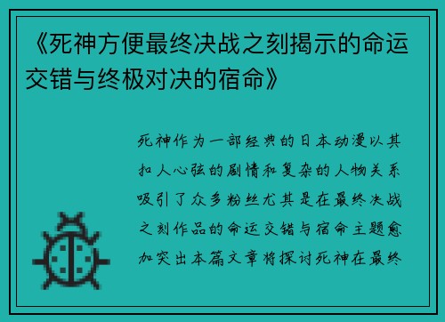 《死神方便最终决战之刻揭示的命运交错与终极对决的宿命》